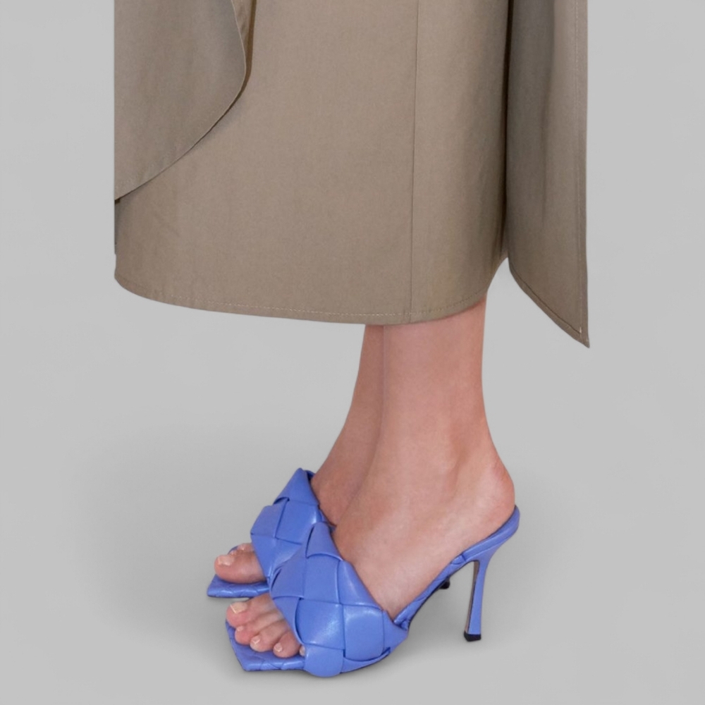 BOTTEGA VENETA Square Toe Intrecciato Lambskin Heels Sandals Indigo Italy 38 8